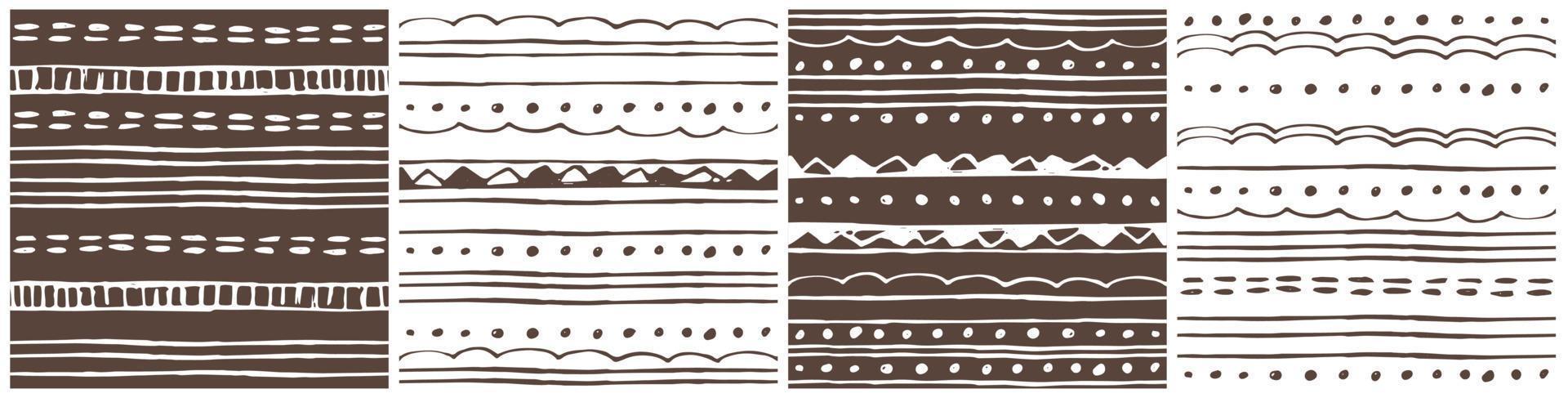 Group of Border doodle hand drawn seamless patterns, backgrounds with abstract elements lines, dots, triangles. Set of vector white brown fall winter illustrations for decoration