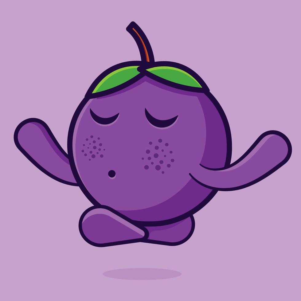 cute mangosteen mascot with meditation gesture isolated cartoon illustration in flat style vector