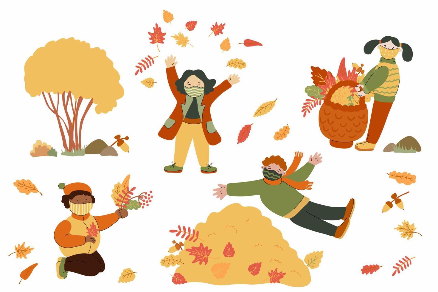 Children wearing protective mask in the autumn park vector