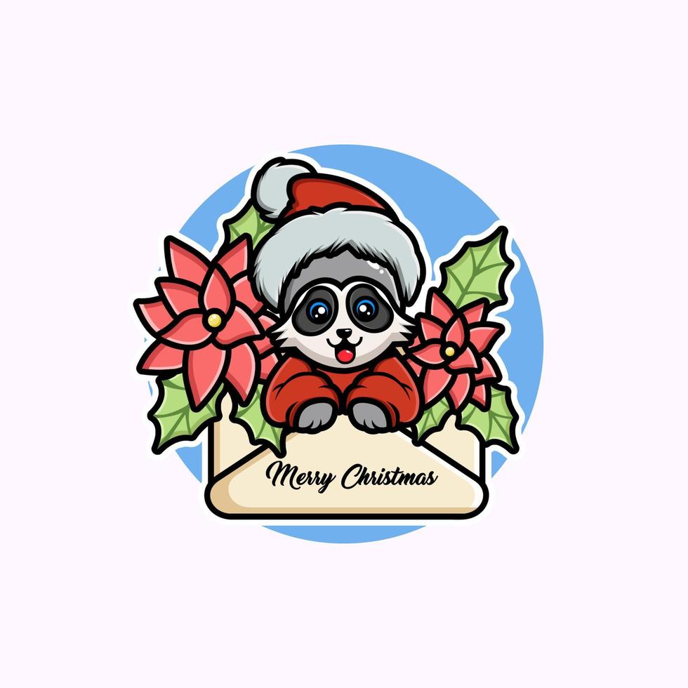 Illustration of cute cartoon christmas raccoon in a greeting card vector