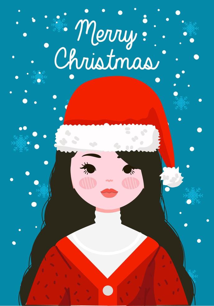 personaje de niña de navidad con tarjeta postal de vector de sombrero de santa