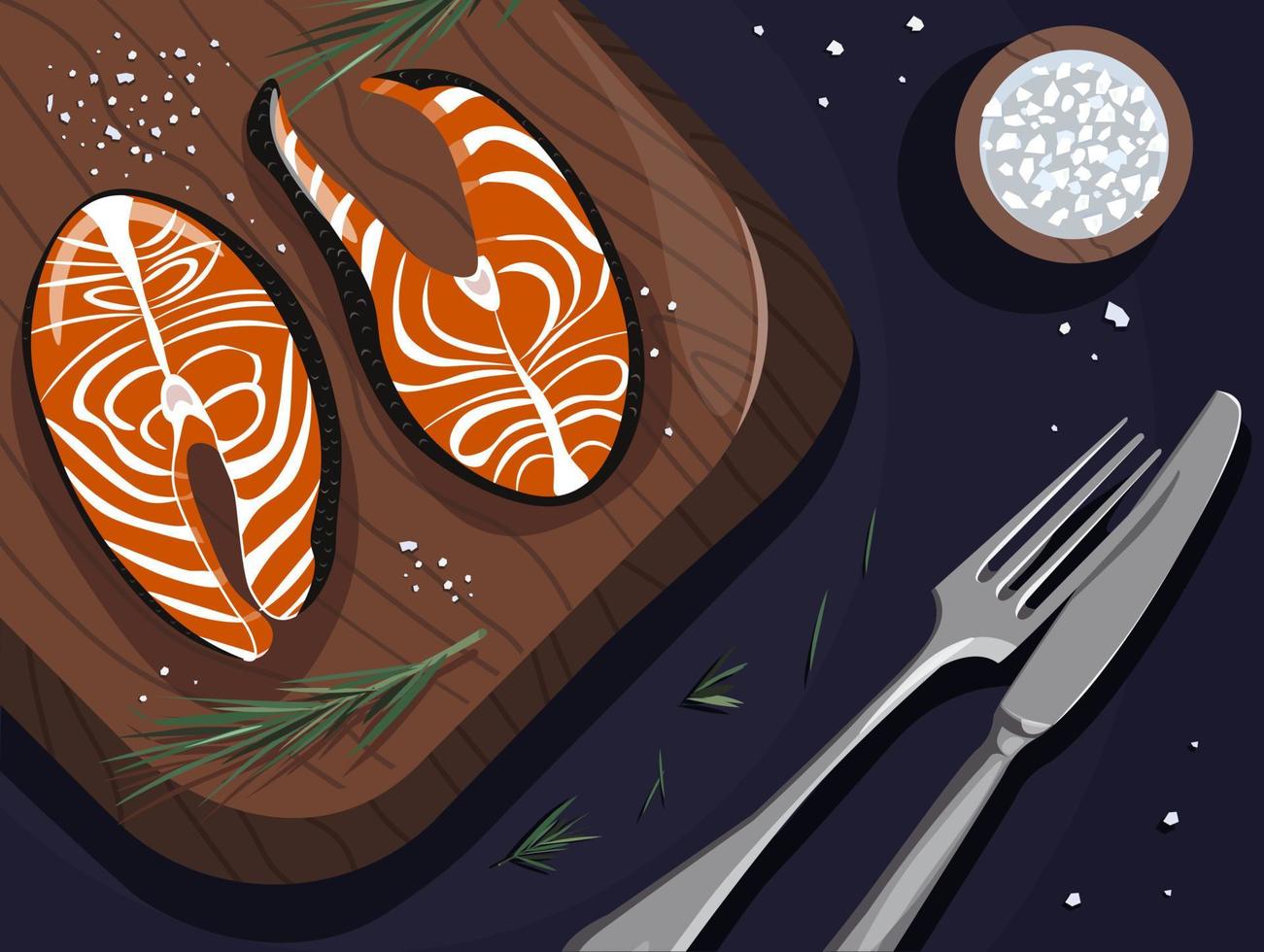 Dinner with red fish, fork and knife, salt vector