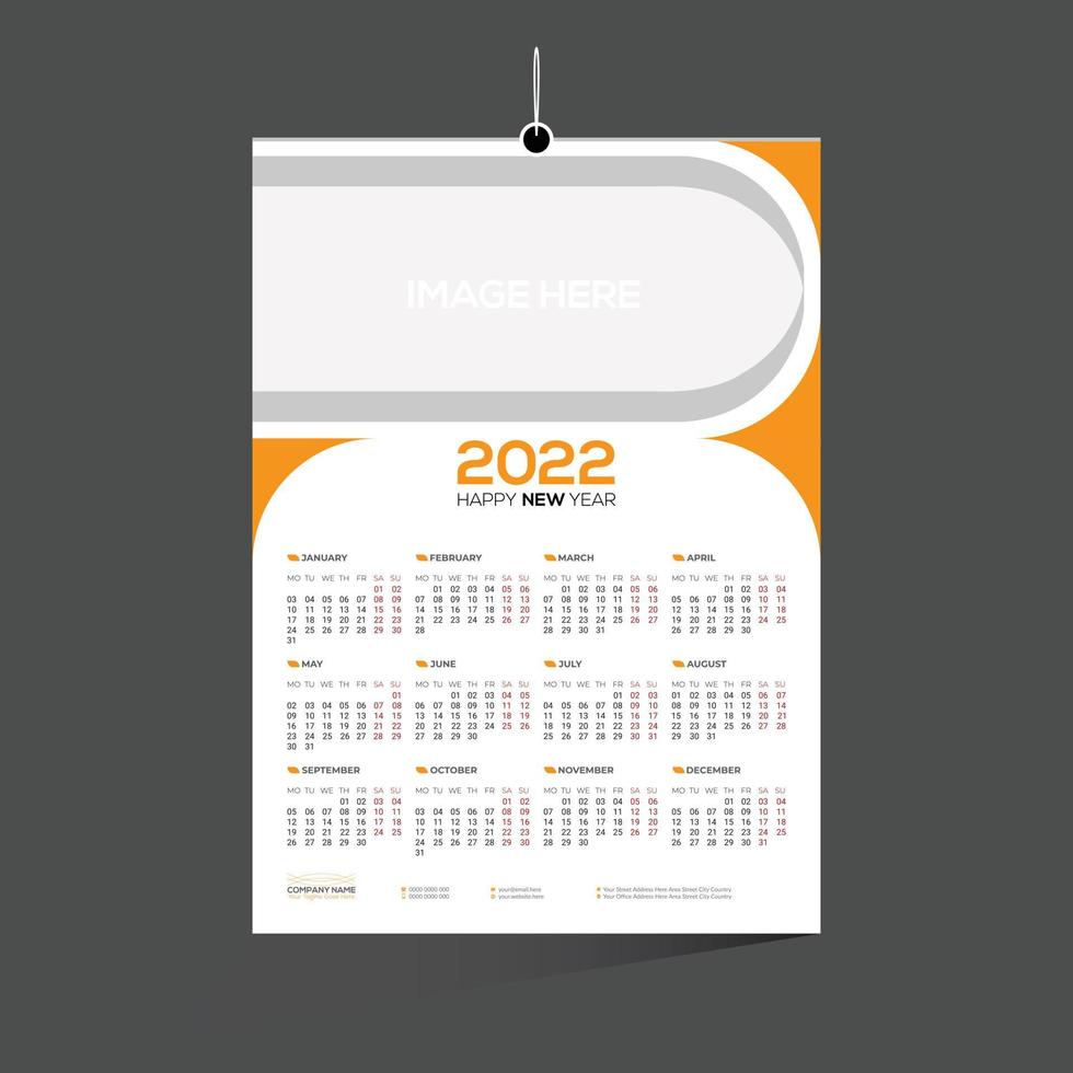 diseño de calendario 2022 de vector de pared de 12 meses de color naranja