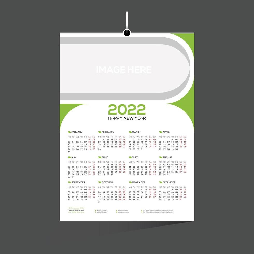 Green Colored 12 Month Wall Vector Calendar 2022 Design