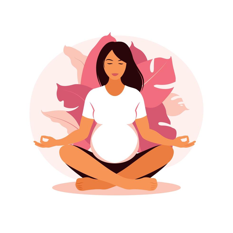 mujer embarazada hace yoga y meditación. concepto de embarazo, maternidad, cuidado de la salud. ilustración en estilo plano. vector