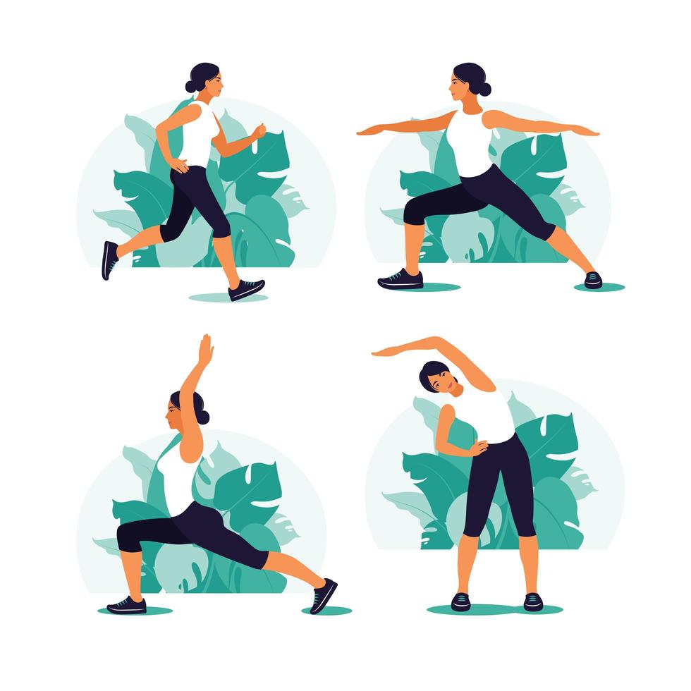 mujer haciendo ejercicio en el parque. Deportes al aire libre. estilo de vida saludable y concepto de fitness. ilustración vectorial en estilo plano. vector