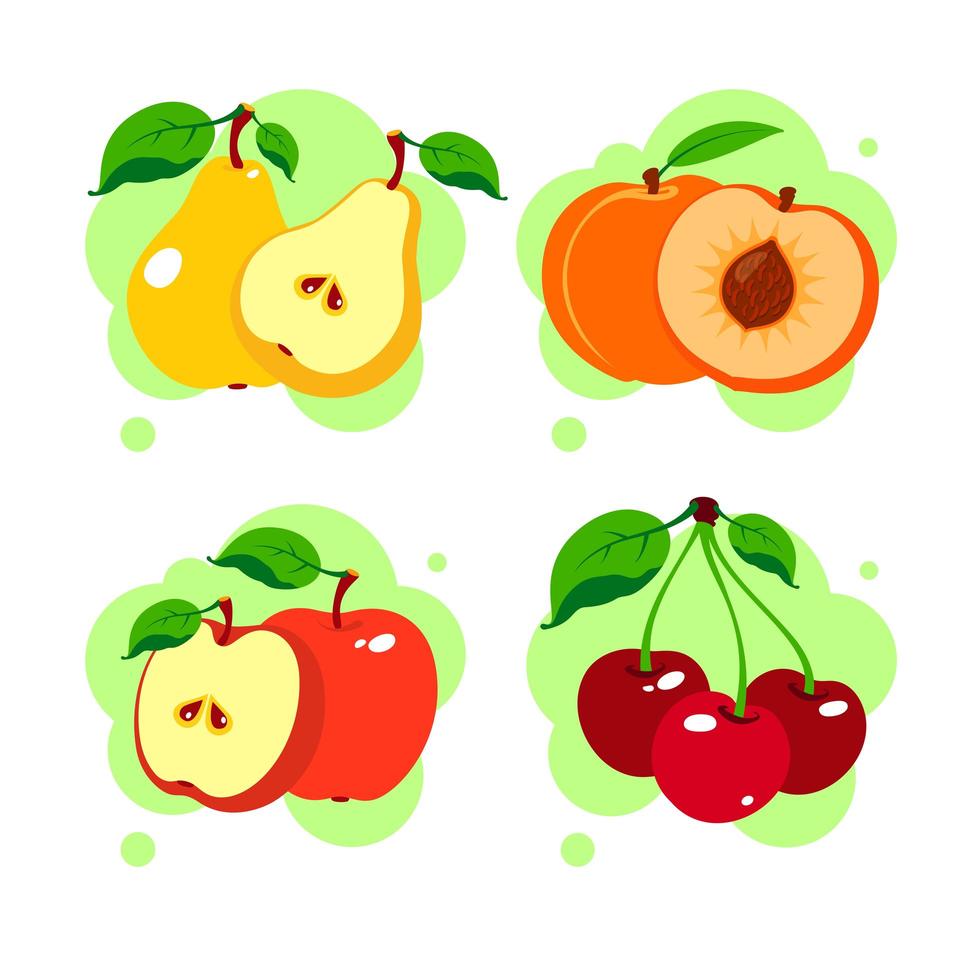 cereza, pera, melocotón, manzana roja entera y fruta cortada aislada sobre fondo blanco. colocar. ilustración vectorial. plano. vector