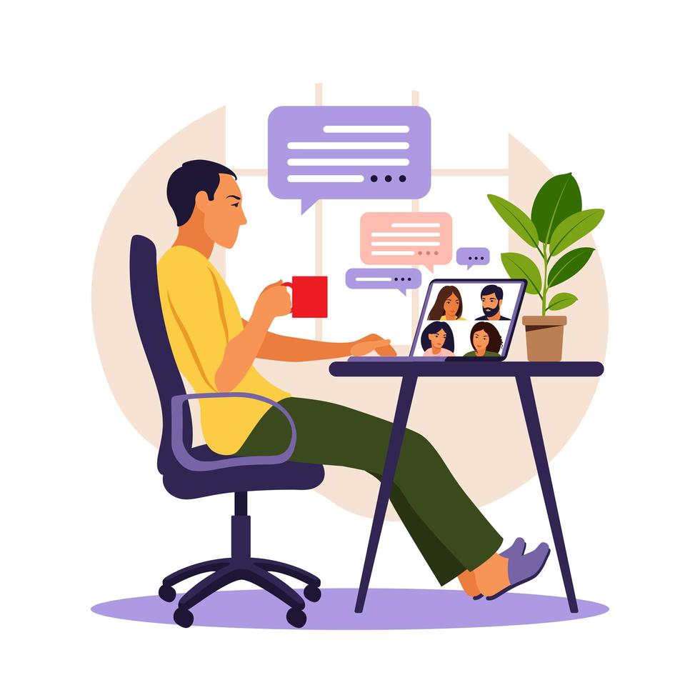 Man using computer for collective virtual meeting and group video conference. Man at desktop chatting with friends online. Video conference, remote work, technology concept. vector