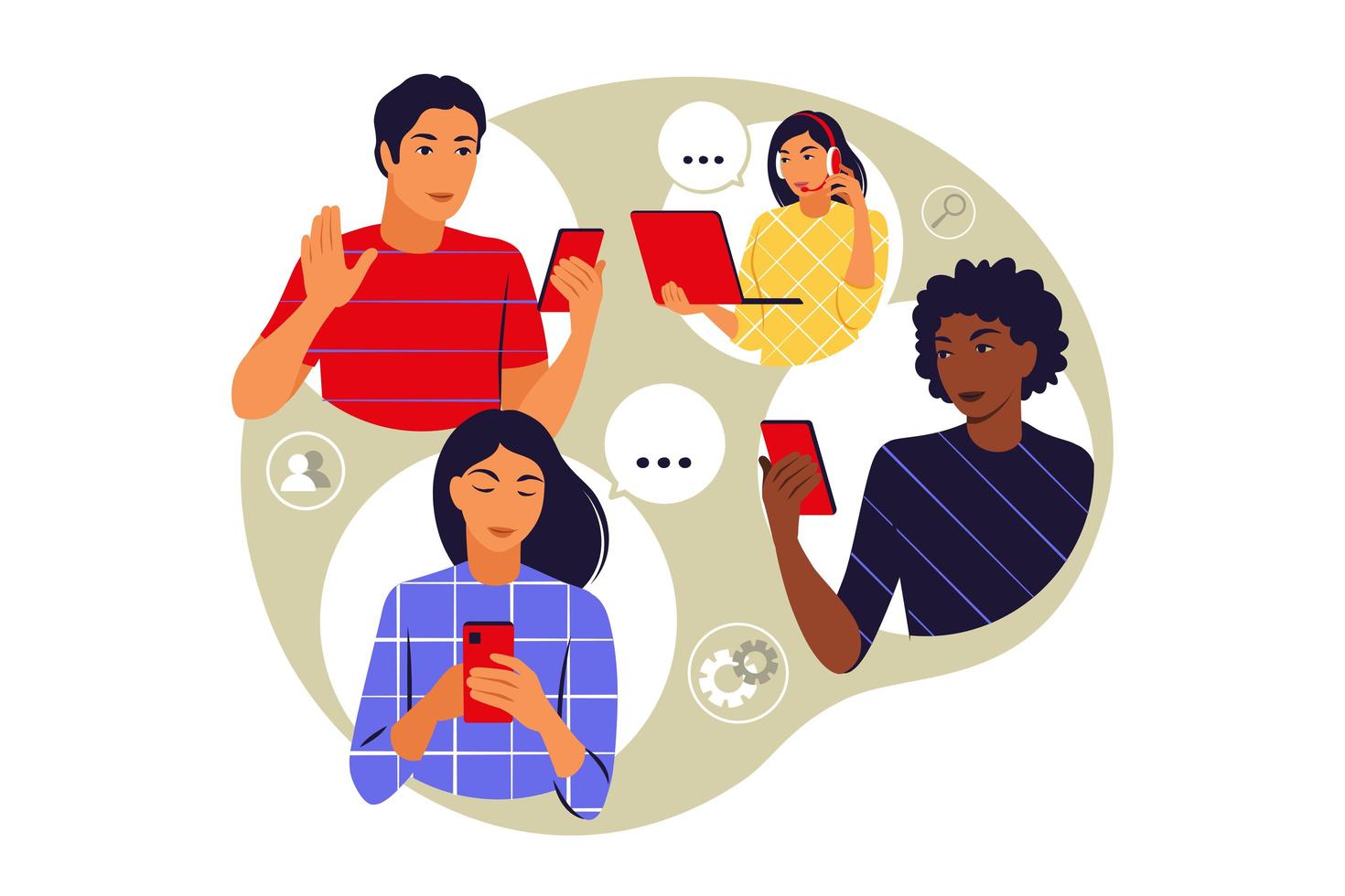 Remote team concept. Team talking online meeting. Videoconference and web communication concept. Vector illustration. Flat.