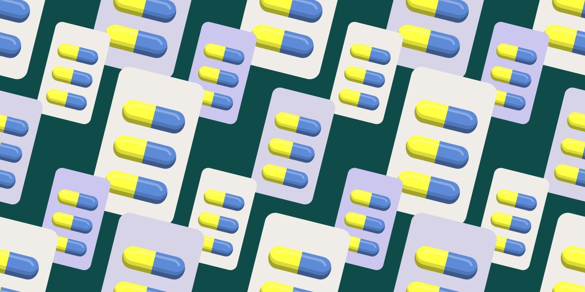 Seamless vector pattern of yellow and blue pills in blister packaging, pill blister pack isolated on dark background. Medicine creative concepts. illustration for pharmaceutical industry.