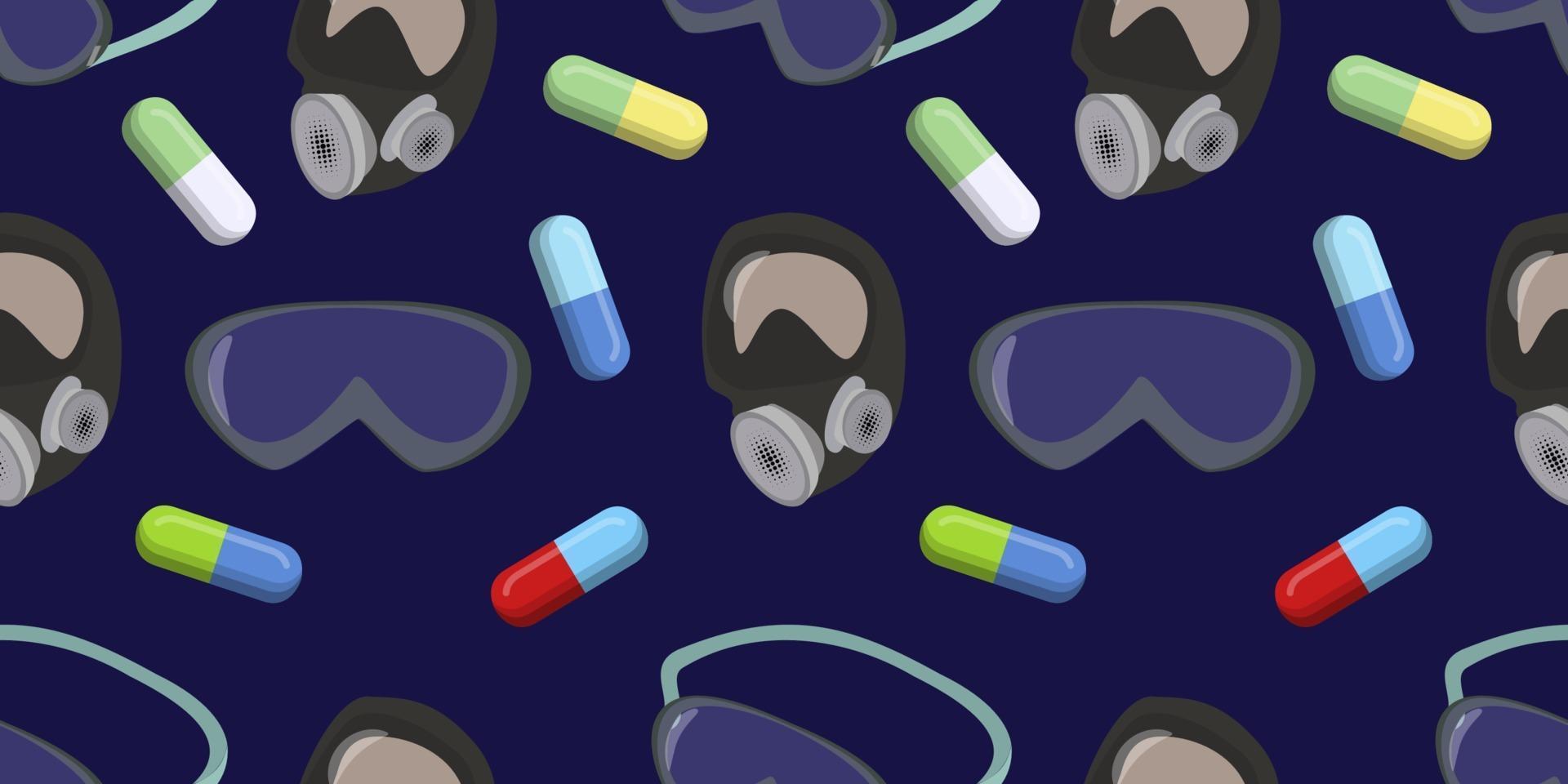 Gráfico vectorial de píldoras de cápsulas de colores, gafas de seguridad y máscaras de protección de patrones sin fisuras sobre fondo oscuro. protección contra el virus. salud médica y ilustración vectorial. vector