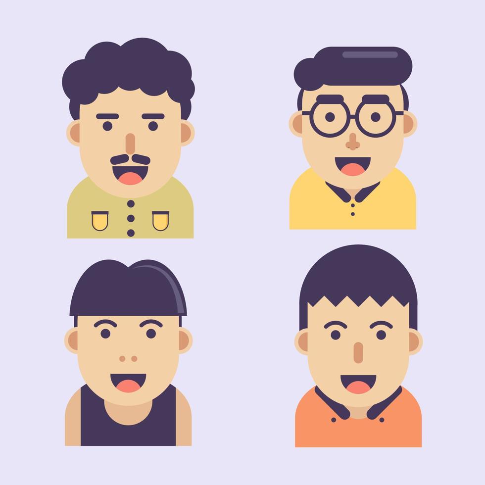 Men flat avatars set with smiling face. Facial expressions. Flat design vector illustration