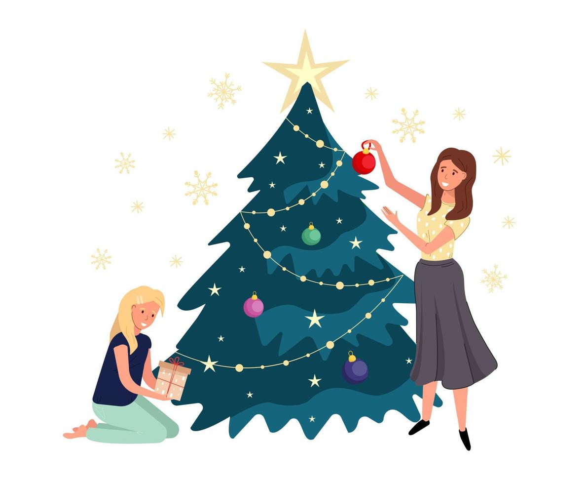 Happy parents and children opening gifts under New Year tree. vector