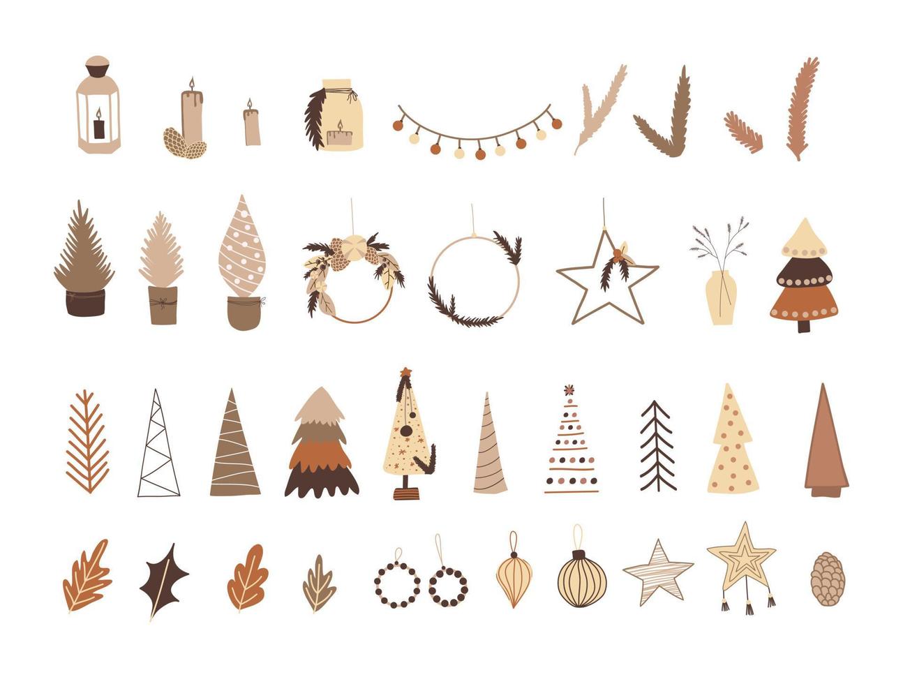 Christmas set in boho style, cartoon new year elements vector