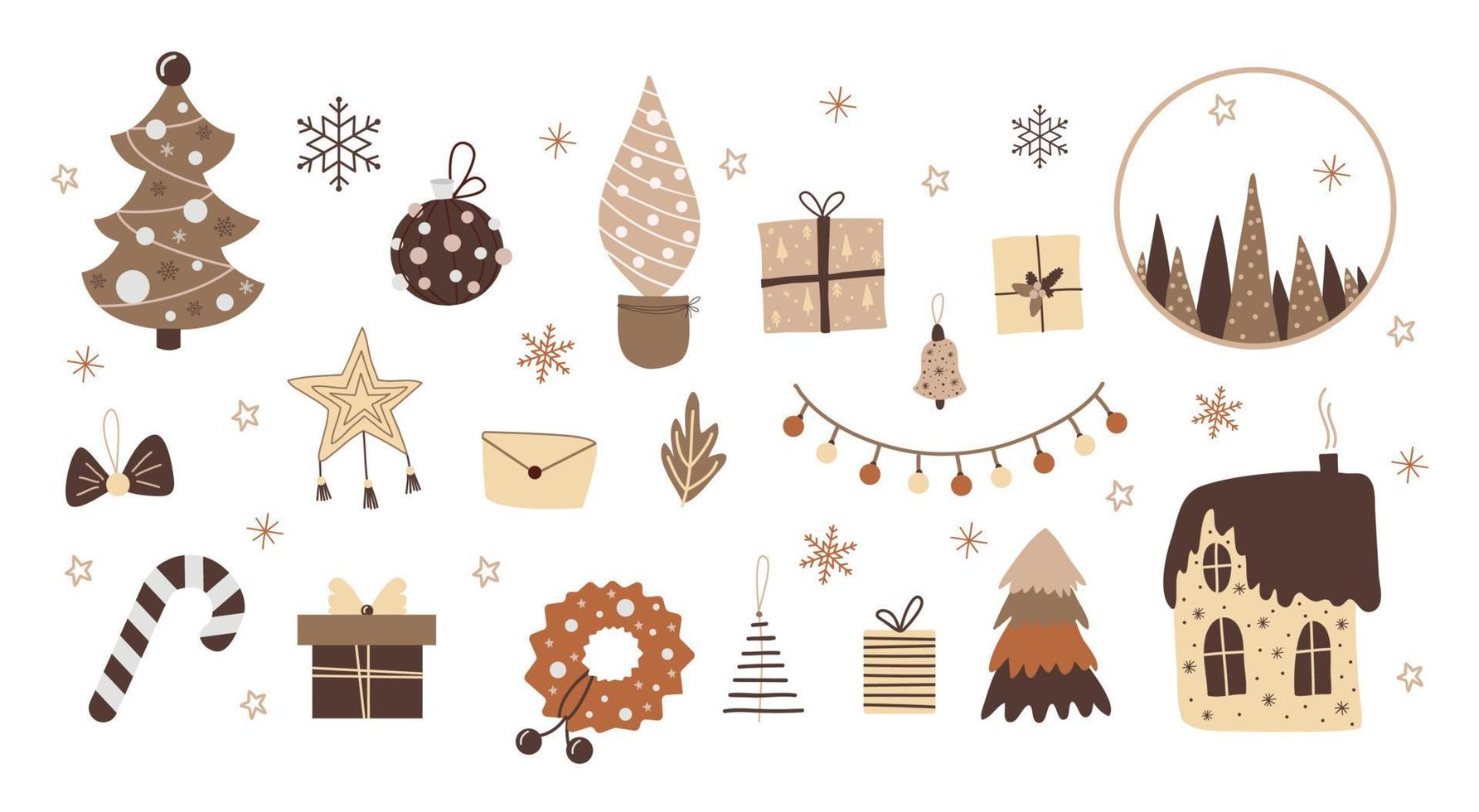 Christmas set in boho style, cartoon new year elements vector