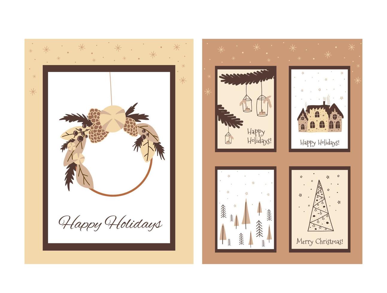 Boho christmas set of cards in cute doodle style vector