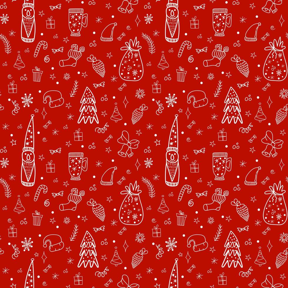 Cute Christmas pattern in doodle style. Seamless background with elf, tree, gifts, snowflakes and stars on a red background vector