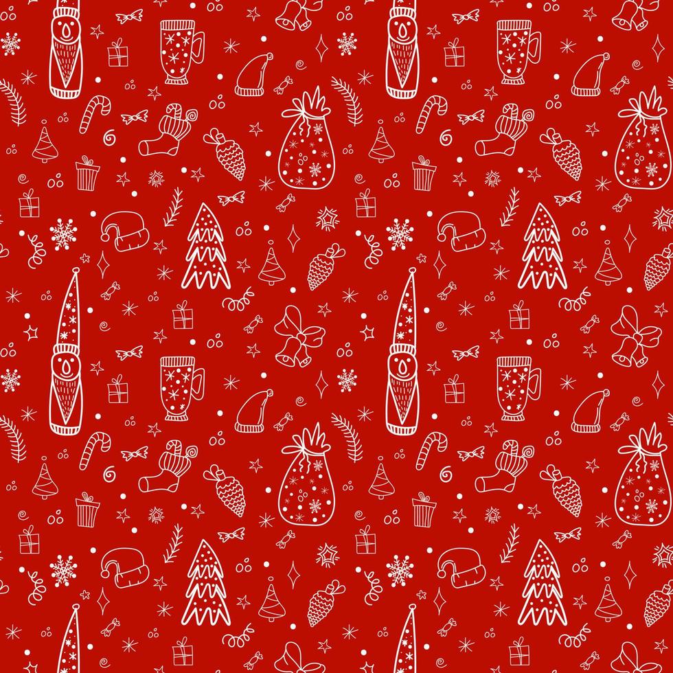 Cute Christmas pattern in doodle style. Seamless background with elf, tree, gifts, snowflakes and stars on a red background vector