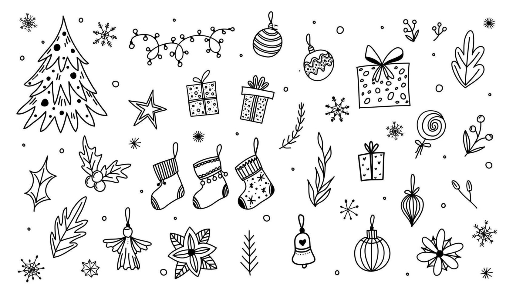 Big cute set of Christmas design elements in doodle style vector