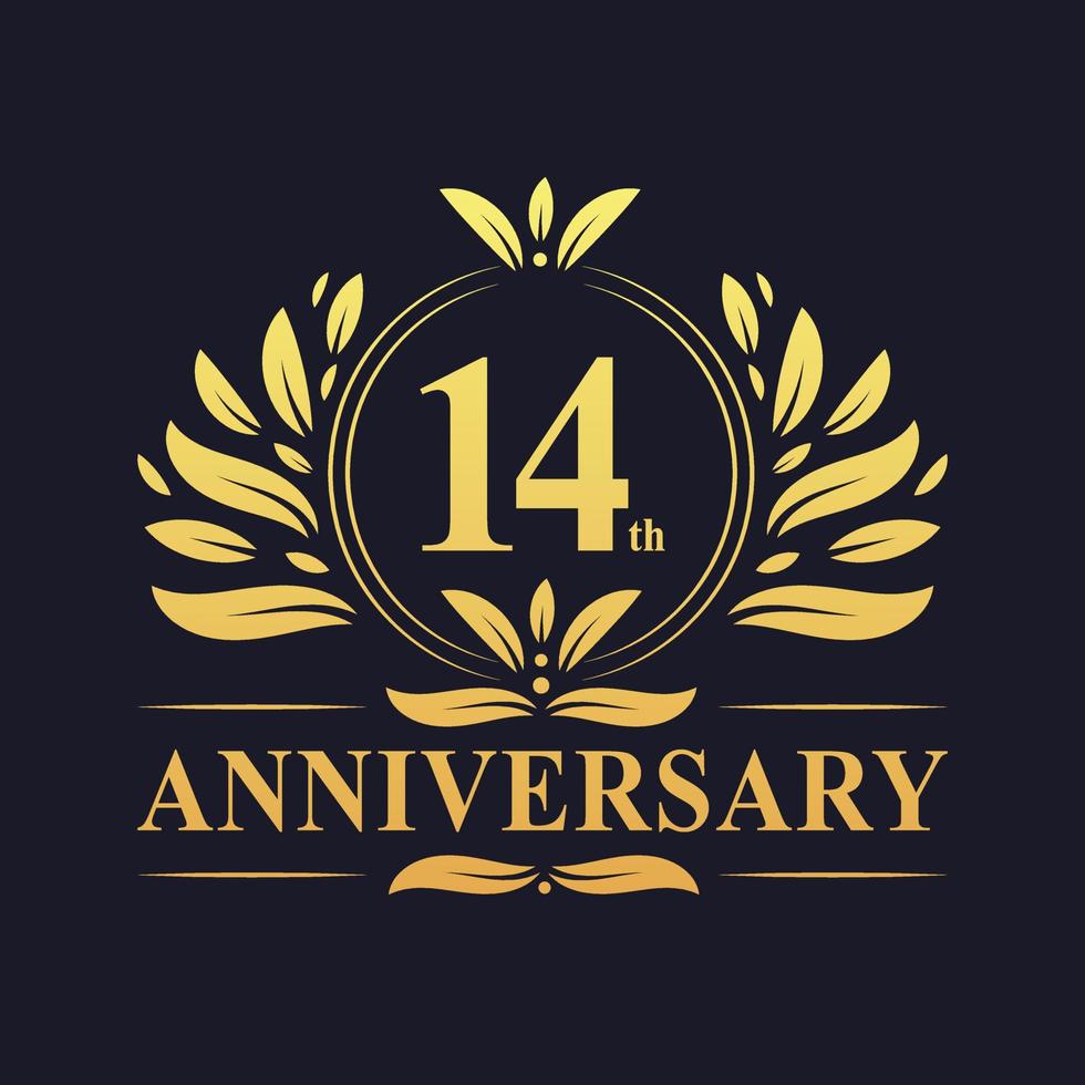 14th Anniversary Design, luxurious golden color 14 years Anniversary logo. vector