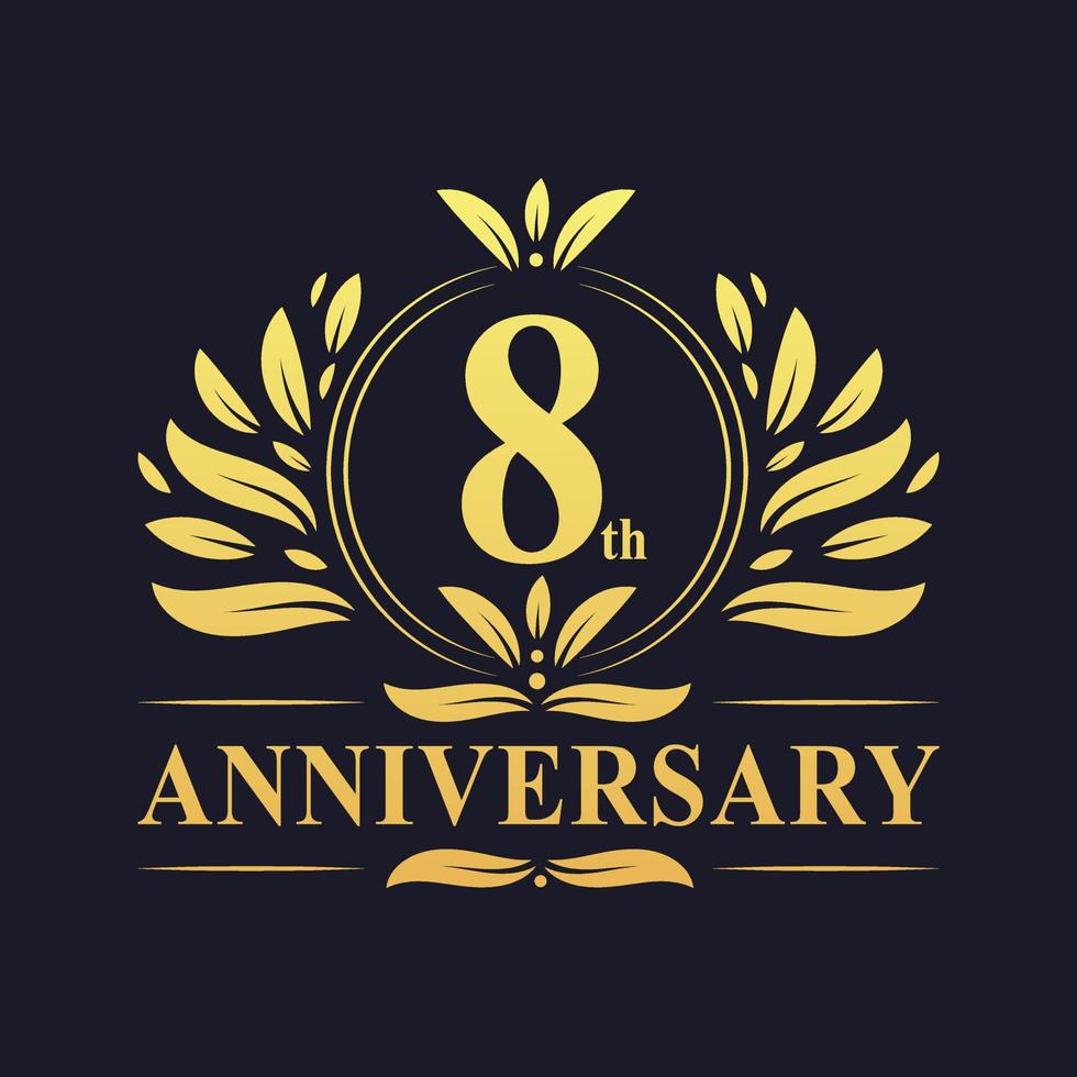 Diseño de octavo aniversario, lujoso logo de aniversario de 8 años de color dorado. vector