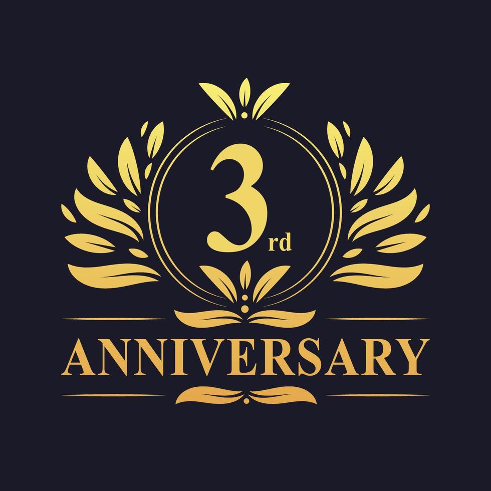 Diseño de 3er aniversario, lujoso logo de aniversario de 3 años de color dorado vector