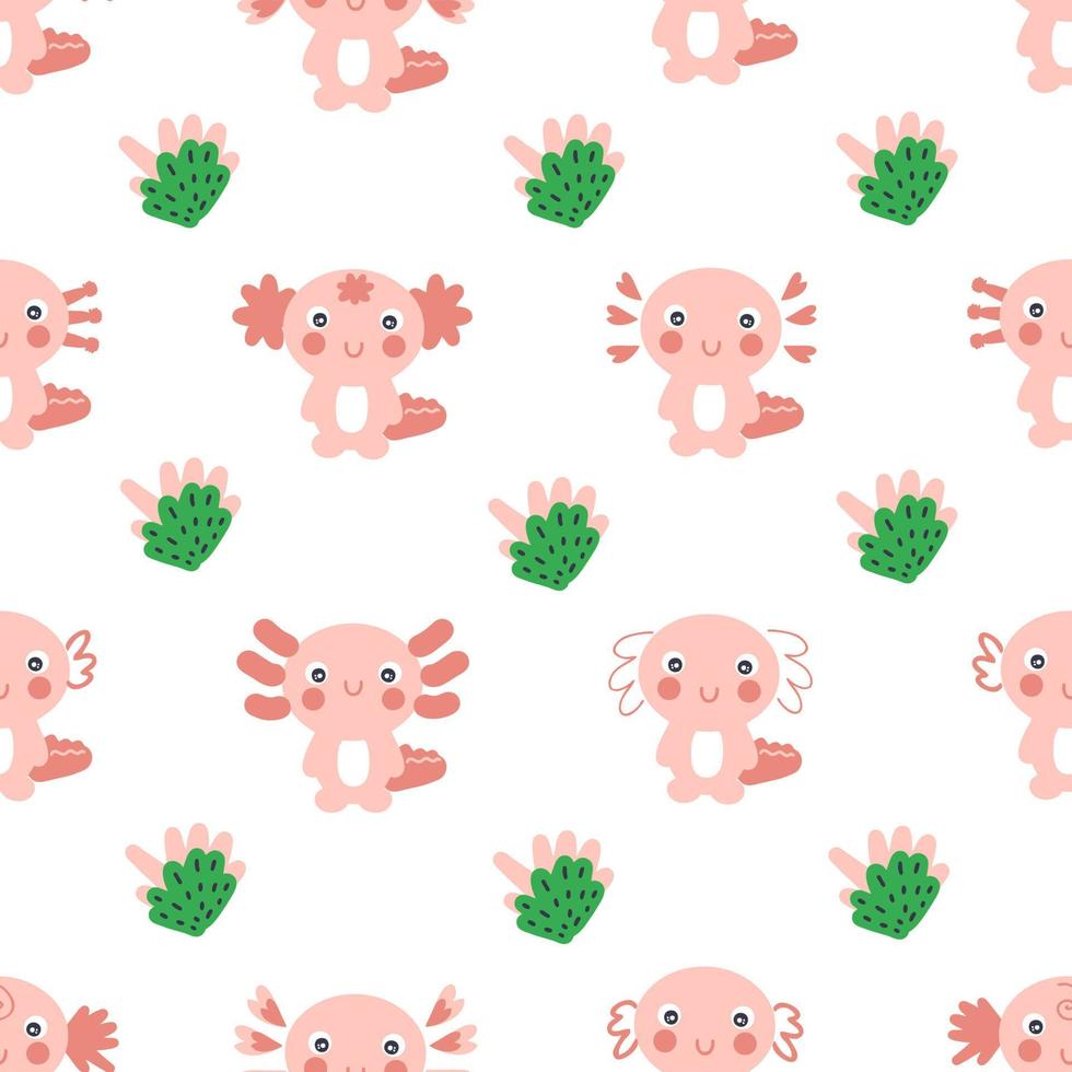 Cartoon style seamless pattern with axolotls and cactuses. vector