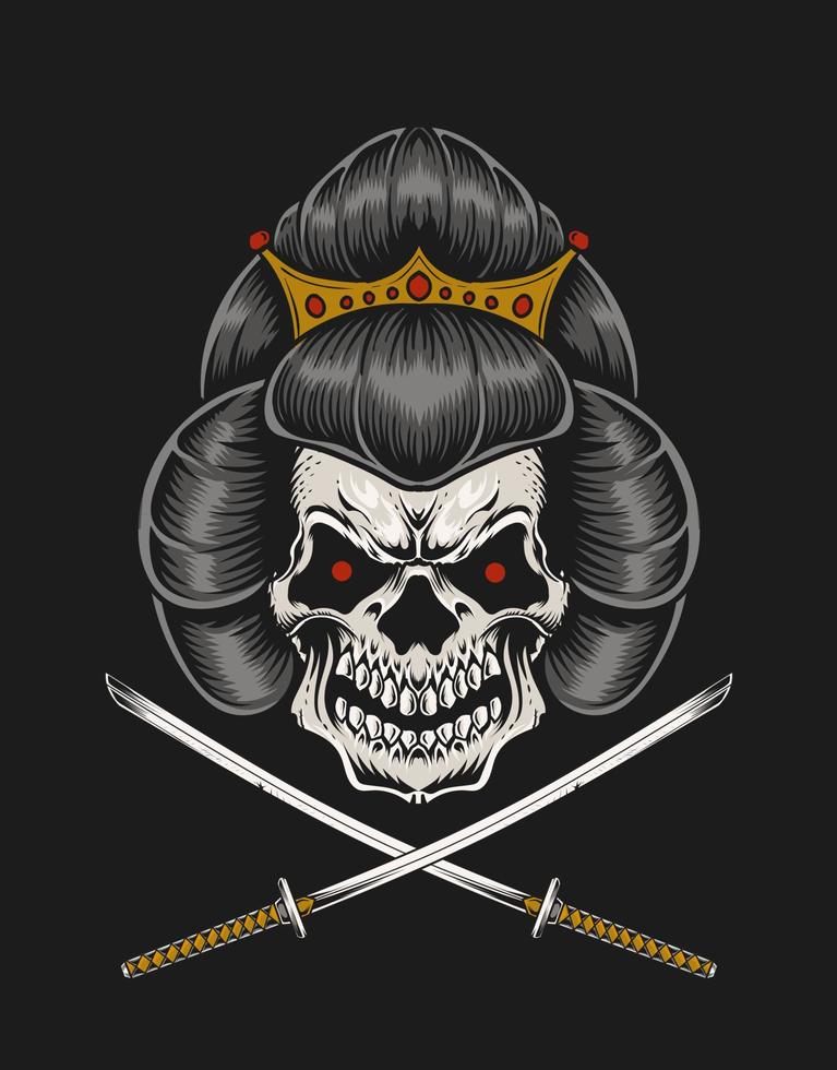 Ilustración de cabeza de calavera de geisha con dos espadas katana vector