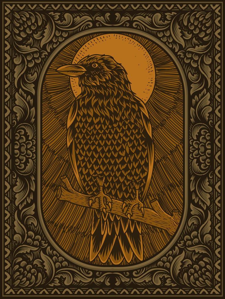 Ilustración de pájaro cuervo antiguo en adorno grabado vector