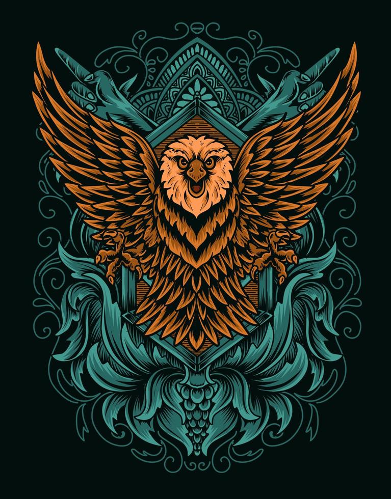 illustration eagle bird with vintage engraving ornament vector