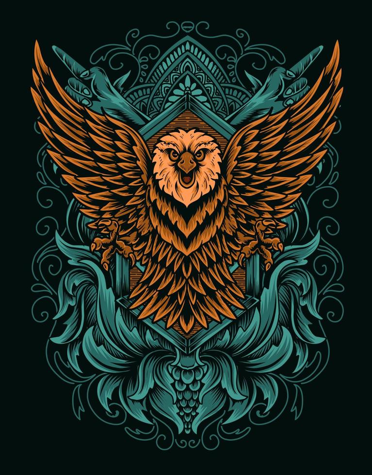 ilustración, pájaro águila, con, vendimia, grabado, ornamento vector