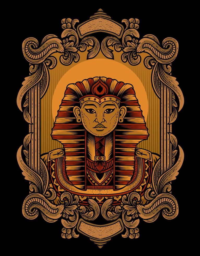 ilustración, rey, egipto, en, vendimia, ornamento, marco vector