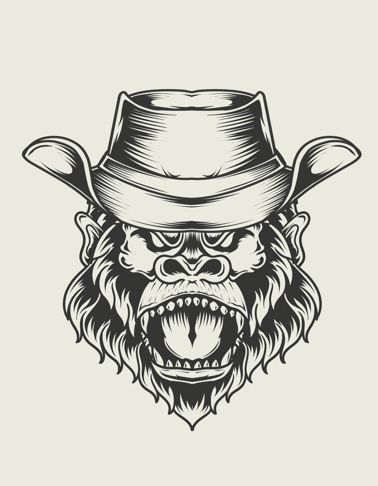 illustration gorilla head with cowboy hat vector