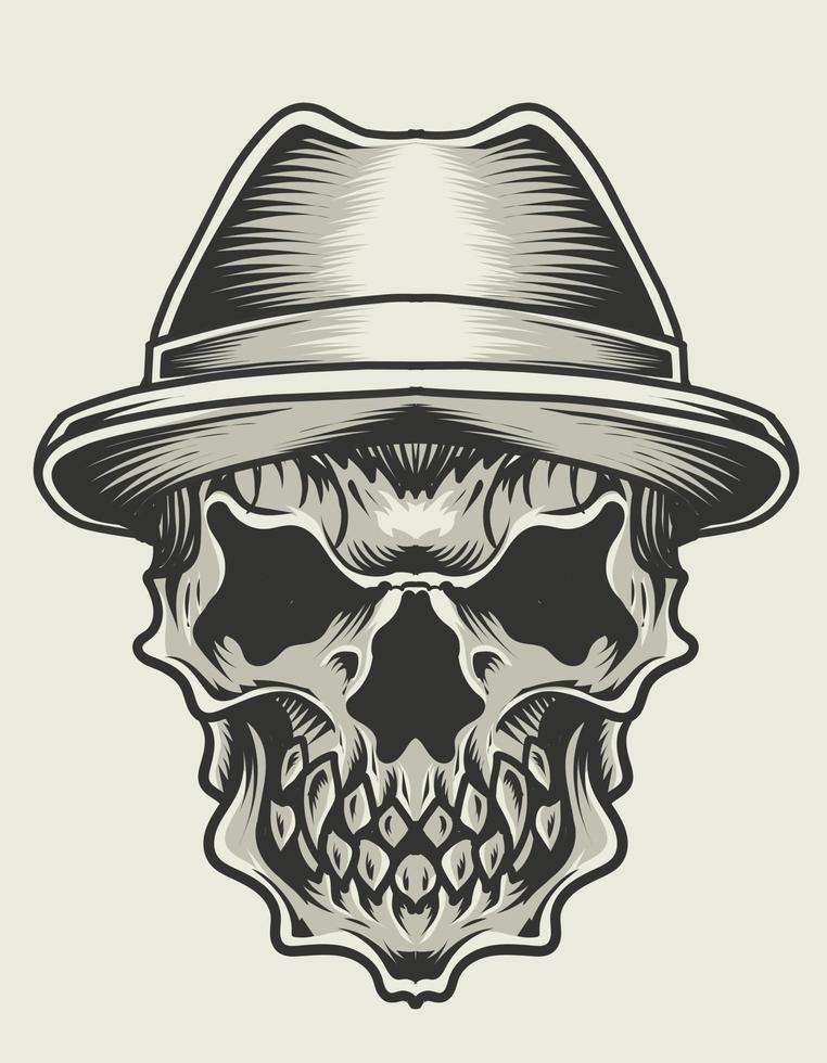 illustration skull hat monochrome style vector