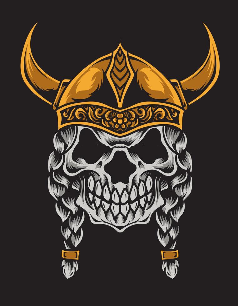 illustration viking skull head on black background vector