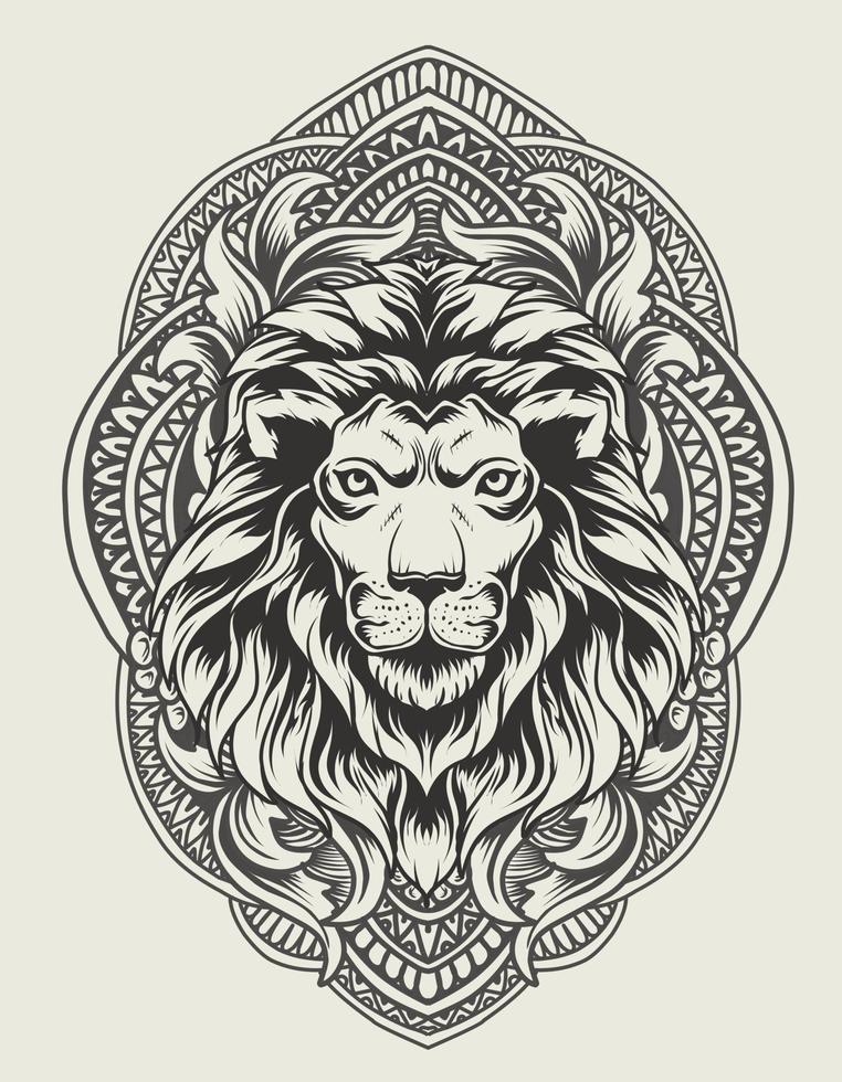 illustration lion head with vintage engraving ornament vector