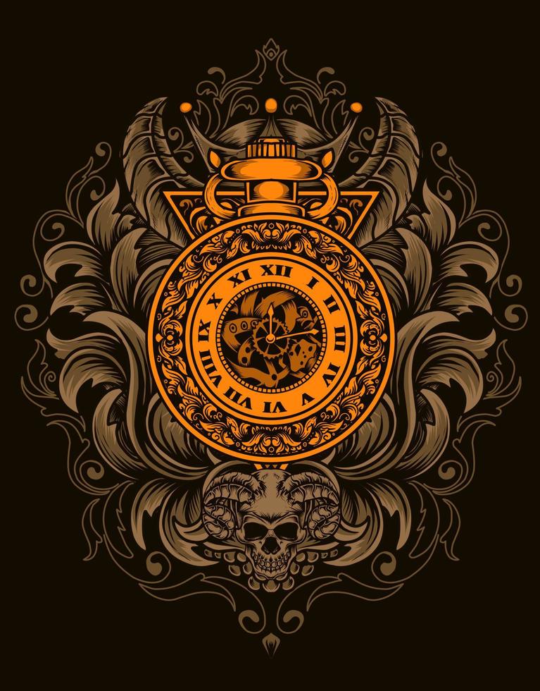 illustration antique clock with engraving ornament vector