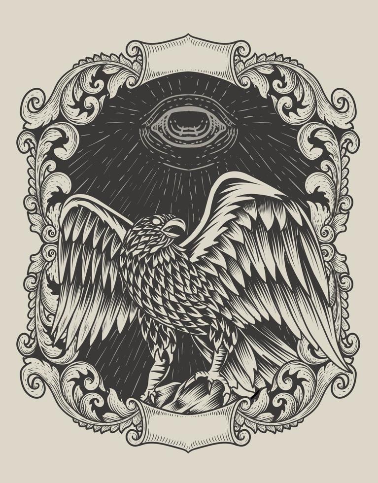 Illustration Eagle bird with vintage engraving ornament vector