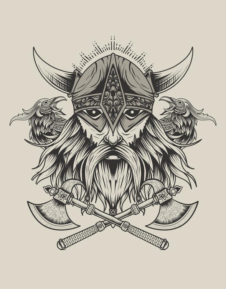 illustration viking head wit two crow bird monochrome style vector