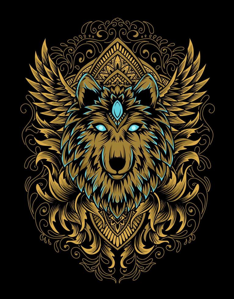 illustration wolf head with vintage ornament style vector