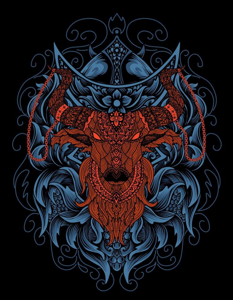 illustration bull head engraving ornament style vector