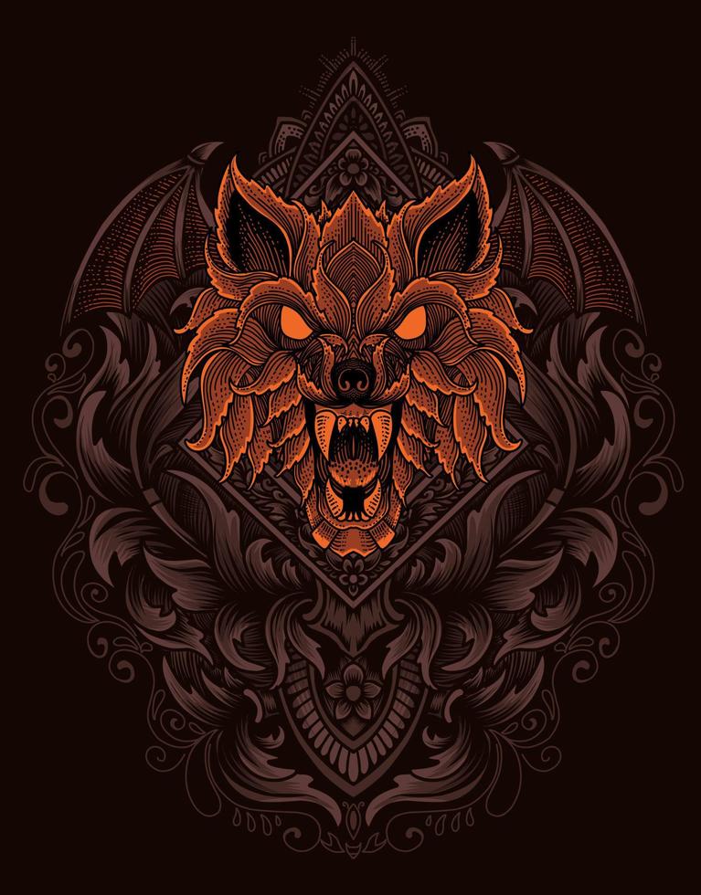 illustration wolf head with vintage ornament style vector