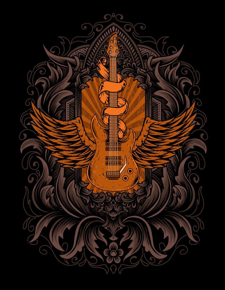 illustration vintage guitar with engraving ornament vector