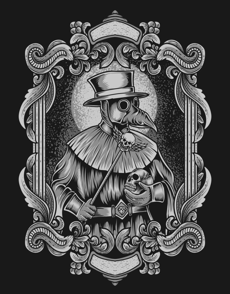 illustration plague doctor on vintage ornament frame vector