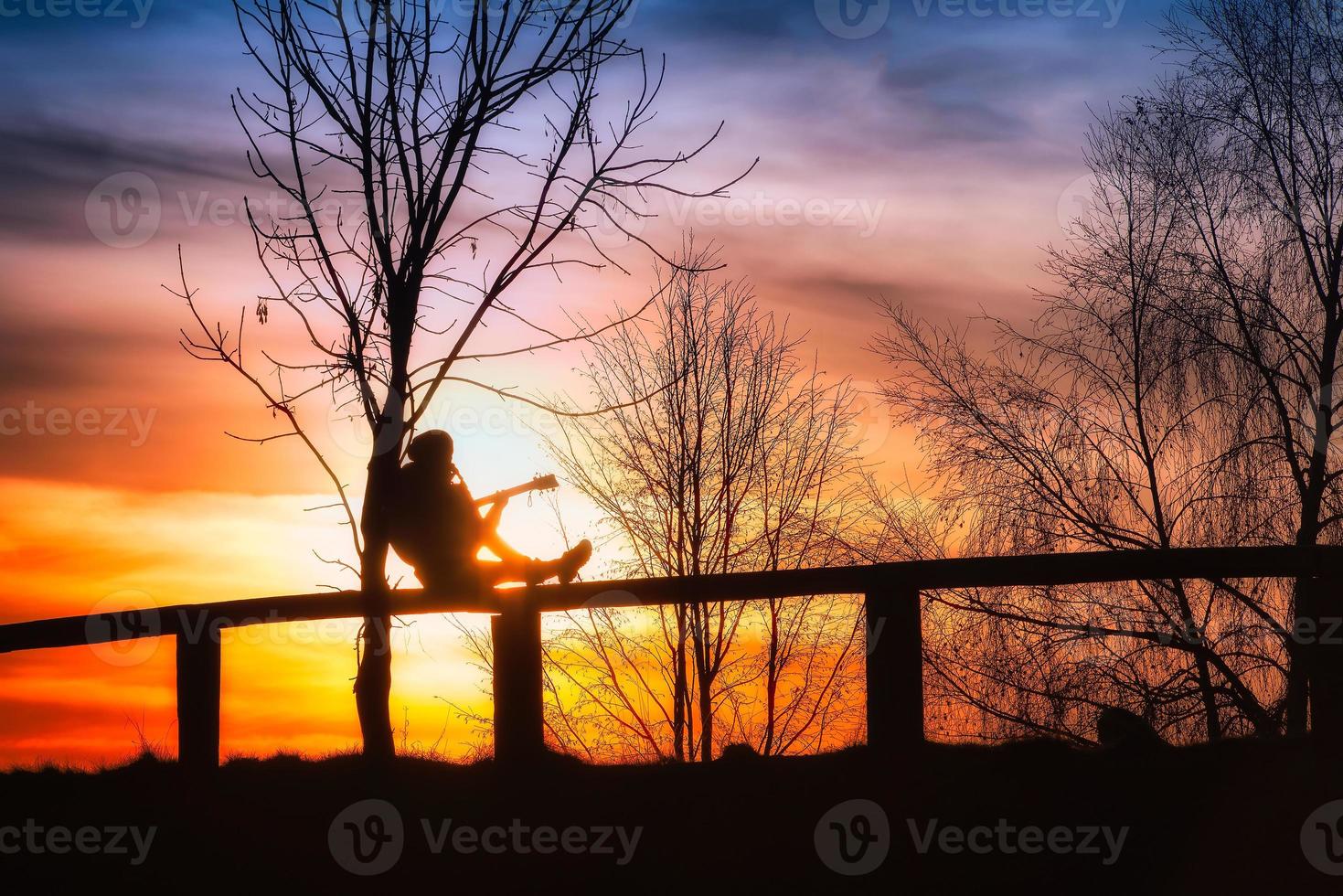 Girl playing guitar on a fence photo