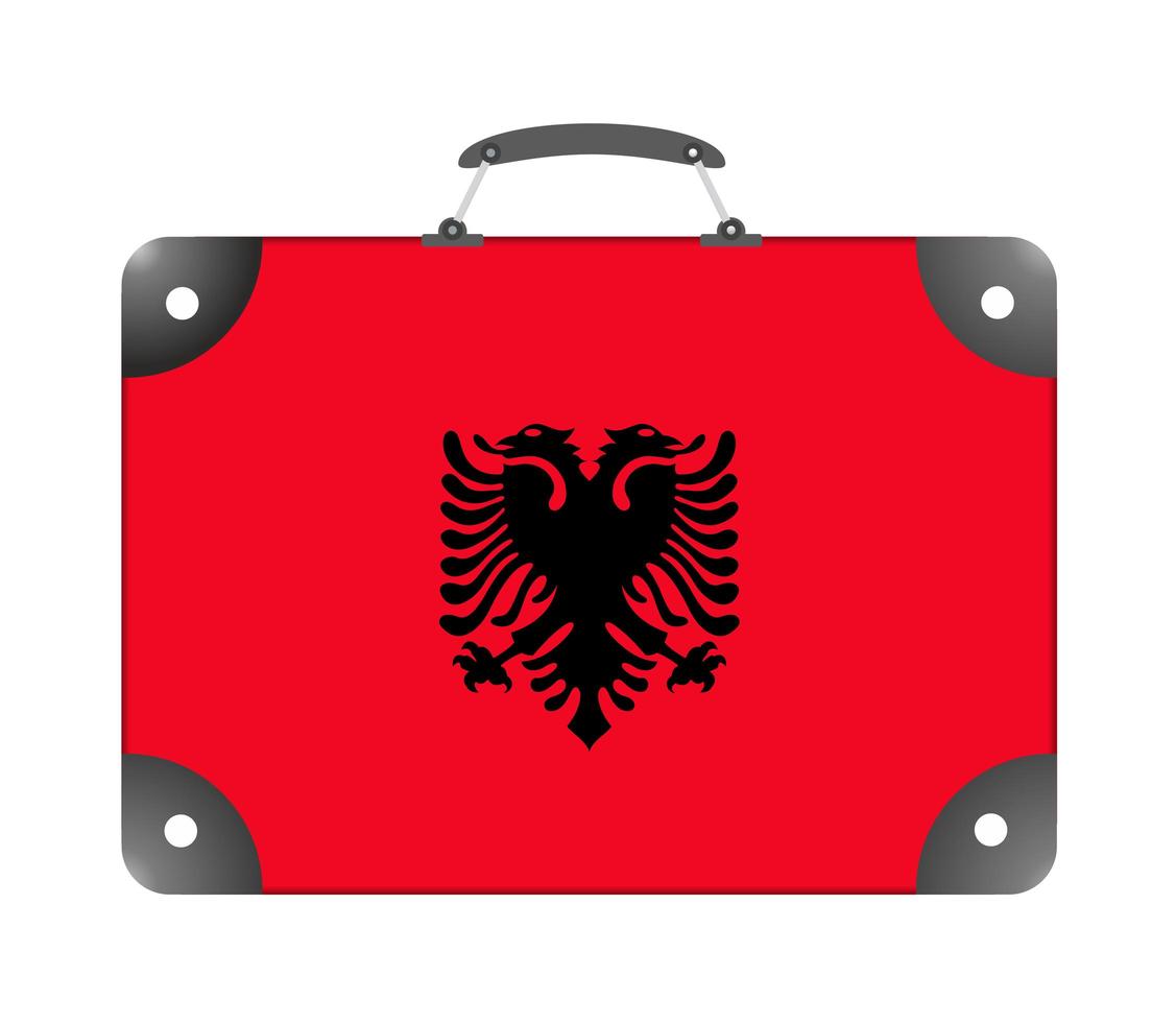 Bandera del país de Albania en forma de maleta para viajar sobre un fondo blanco. foto