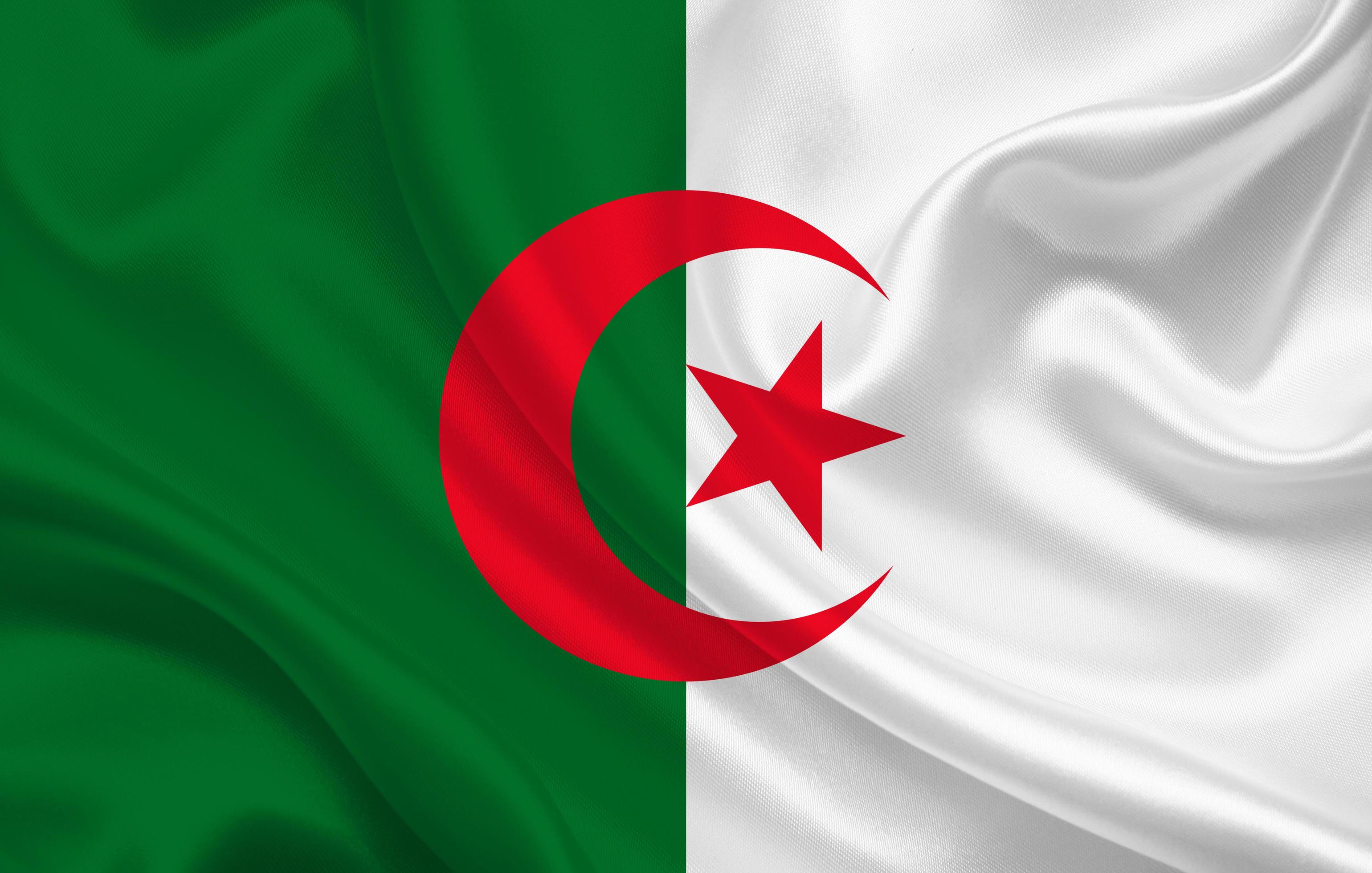 Algeria country flag on wavy silk fabric background 3585749 Stock