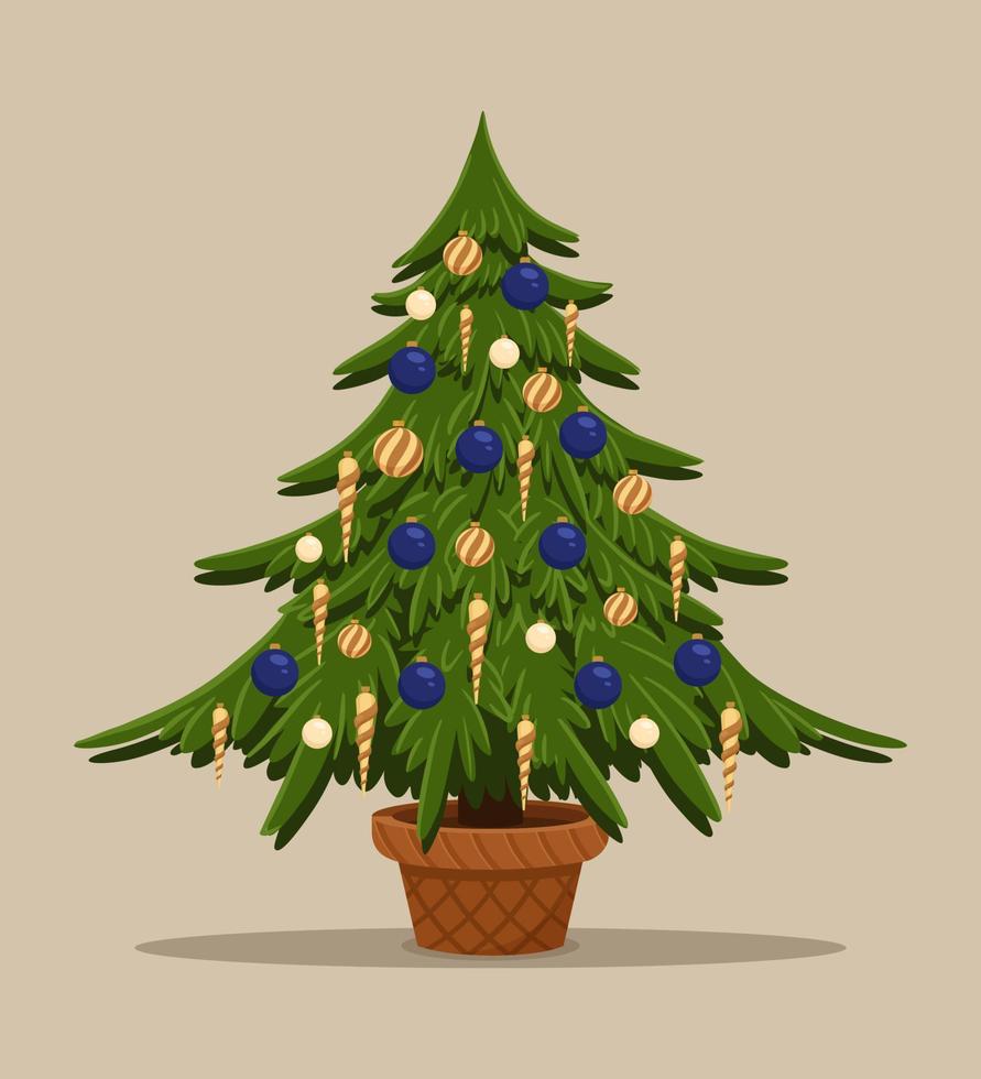 New year postcard design illustration. Christmas tree with decoration - cone and balls. Isolated vector object.