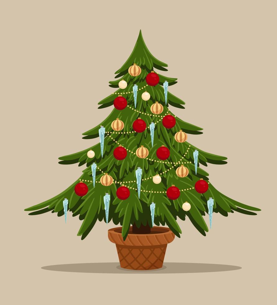 Cartoon stylized fir with toys. Christmas tree decorated pile balls, icecle and garland. Spruce in pot. Merry christmas and happy new year vector