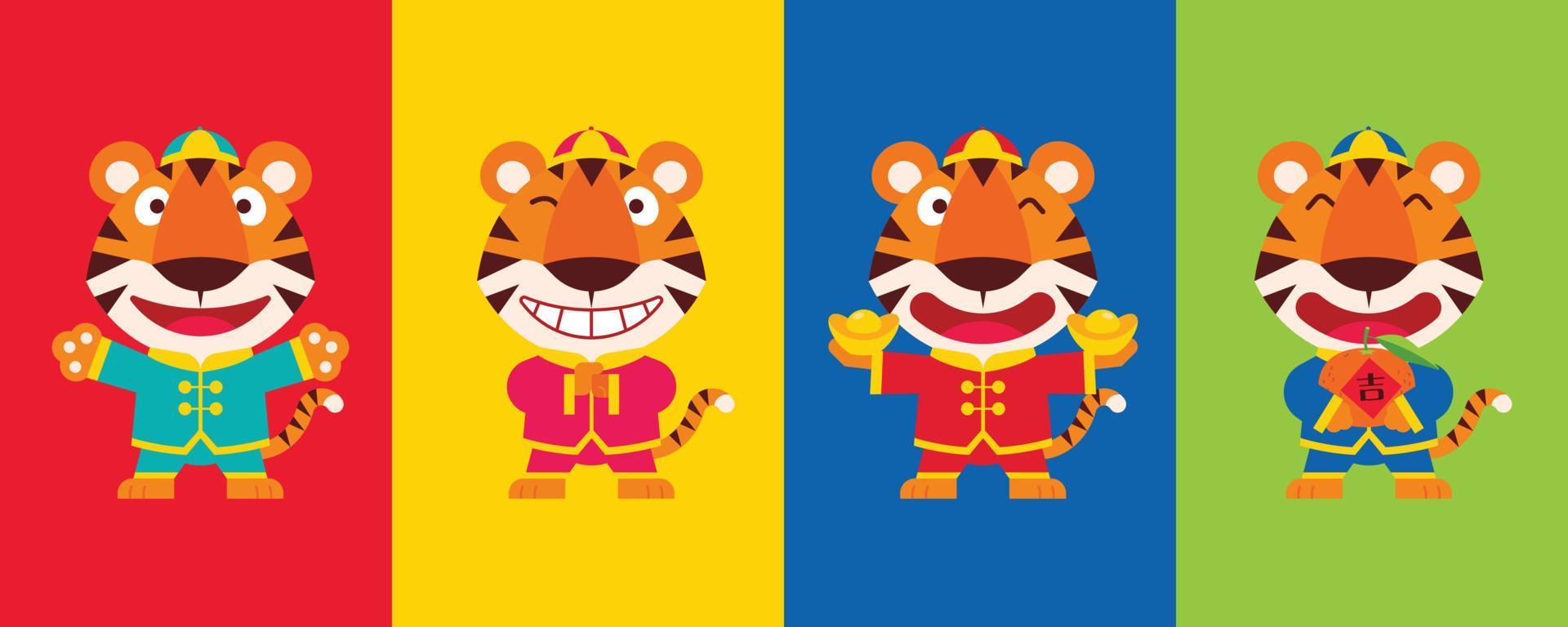 2022 chinese new year. Collect set of flat design cartoon cute tiger wearing chinese traditional costume with different poses on colourful background vector